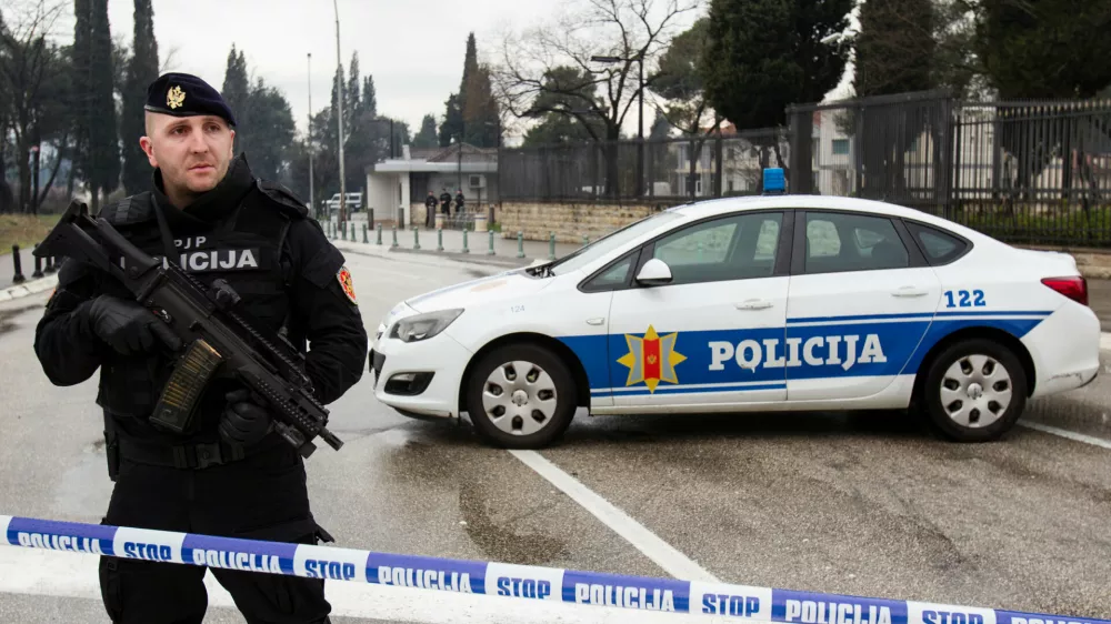Police guard the United States embassy building in Podgorica, Montenegro, February 22, 2018. REUTERS/Stevo Vasiljevic