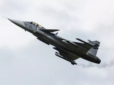 Zeltweg, Austria - September 3, 2022: Swedish Air Force SAAB JAS 39 Gripen. Military fighter jet plane at air base. Flight operation. Aviation and aircraft. Air defense. Fly and flying.