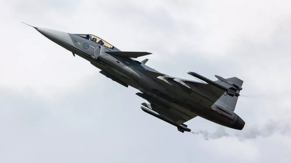 Zeltweg, Austria - September 3, 2022: Swedish Air Force SAAB JAS 39 Gripen. Military fighter jet plane at air base. Flight operation. Aviation and aircraft. Air defense. Fly and flying.