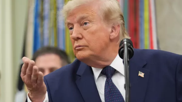 President Donald Trump speaks after ringing the opening bell for the New York Stock Exchange and the Nasdaq in the Oval Office at the White House, Monday, July 6, 2026, in Washington. (AP Photo/Mark Schiefelbein)