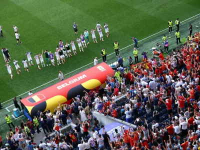 Soccer Football - FIFA World Cup 2026 - Round of 16 - United States v Belgium - Seattle Stadium, Seattle, Washington, U.S. - July 6, 2026 Belgium players and fans celebrate after the match as Belgium qualify for the quarter finals of the World Cup REUTERS/Agustin Marcarian   TPX IMAGES OF THE DAY