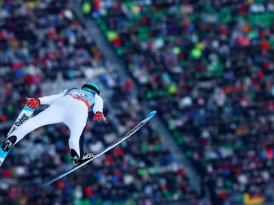 Ski Jumping - Ski Flying World Championships - Heini-Klopfer Ski Flying Hill, Oberstdorf, Germany - January 24, 2026 Slovenia's Domen Prevc in action during the men's individual HS235 trial round REUTERS/Kai Pfaffenbach