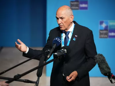 Slovenia's Prime Minister Janez Jansa speaks as he arrives for the NATO summit in Ankara, Turkey, Wednesday, July 8, 2026. (AP Photo/Emrah Gurel)