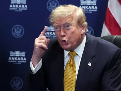 President Donald Trump speaks during a meeting with NATO Secretary General Mark Rutte at the NATO summit in Ankara, Turkey, Wednesday, July 8, 2026. (Filip Singer, Pool Photo via AP)