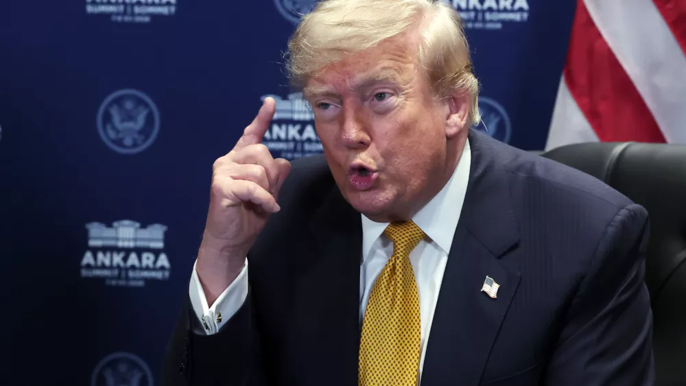 President Donald Trump speaks during a meeting with NATO Secretary General Mark Rutte at the NATO summit in Ankara, Turkey, Wednesday, July 8, 2026. (Filip Singer, Pool Photo via AP)