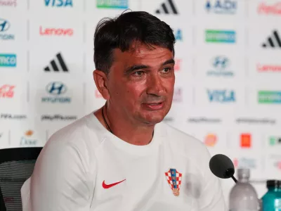 Croatia head coach Zlatko Dalic speaks during a press conference on the eve of the team's World Cup soccer match against Portugal, Wednesday, July 1, 2026, in Toronto. (AP Photo/Stephanie Scarbrough)