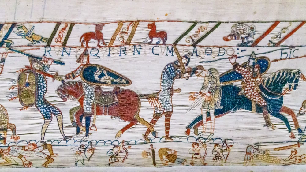 Bayeux, Normandy in northwestern France. A scene from the Bayeux Tapestry.
