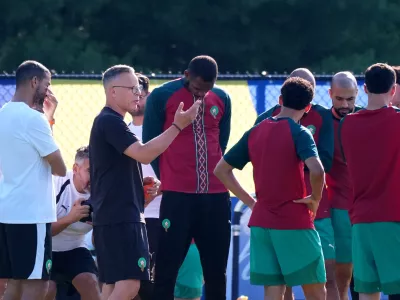 Soccer Football - FIFA World Cup 2026 - Morocco Training - New England Revolution Training Centre, Foxborough, Massachusetts, U.S. - July 8, 2026 Morocco coach Mohamed Ouahbi with players during training IMAGN IMAGES via Reuters/David Butler Ii