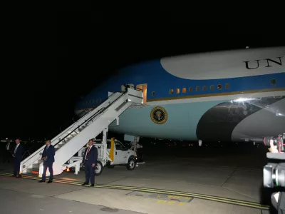 Air Force One sits on the tarmac as President Donald Trump switches planes at U.S. Air Force Base, RAF Mildenhall in Suffolk Eastern England, on his way back to Washington from the NATO summit in Ankara, Turkey,Wednesday, July 8, 2026. (AP Photo/Alex Brandon)