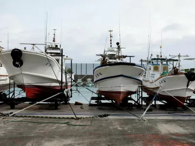 Fishing boats are tied to a pier as Typhoon Bavi approaches, in Ishigaki, Japan, July 9, 2026. REUTERS/Kim Kyung-Hoon