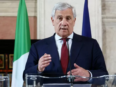 FILE PHOTO: Italian Foreign Minister Antonio Tajani attends a joint press conference, on the day of a meeting to discuss the latest developments in Ukraine and security in Europe, at Villa Madama in Rome, Italy, June 12, 2025. REUTERS/Guglielmo Mangiapane/File Photo