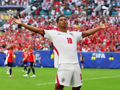 Soccer Football - FIFA World Cup 2026 - Quarter Final - Norway v England - Miami Stadium, Miami Gardens, Florida, U.S. - July 11, 2026 England's Jude Bellingham celebrates scoring their second goal REUTERS/Mike Segar   TPX IMAGES OF THE DAY
