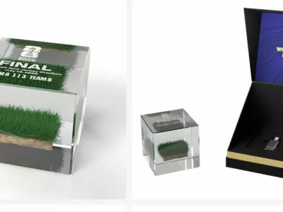 Kosi trave so trajno vdelani v visokokakovosten akrilni blok, priložen pa jim je ključek USB s potrdilom o pristnosti.