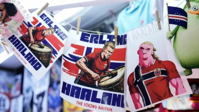 Stencils to print shirts are left to dry as shirts depicting Norway striker Erling Haaland are on sale at a store, as his performances at the 2026 FIFA World Cup and the buzz he has generated on social media drive demand for merchandise featuring his image, in Lima, Peru, July 10, 2026. REUTERS/Angela Ponce
