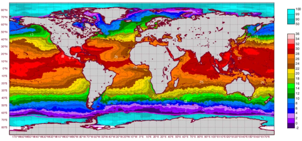 Dana&scaron;nja temperatura morij. Kopno je sive barve. Sredozemlje pa, tako kot velik del oceanov, rdeče, kar nakazuje na visoko temperaturo. / Foto: Ecmwf