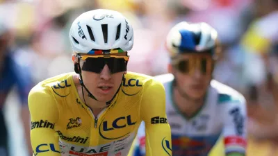 Cycling - Tour de France - Stage 9 - Malemort to Ussel - USSEL, France - July 12, 2026 UAE Team Emirates - XRG's Tadej Pogacar wearing the yellow jersey during the finish of stage 9 REUTERS/Stephanie Lecocq