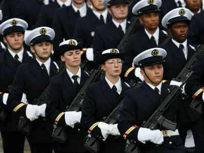 Members of French Ecole des Applications Militaires de l'Energie Atomique (EAMEA) school march during the annual Bastille Day military ceremony on the Champs-Elysees avenue in Paris, France, July 14, 2025. REUTERS/Gonzalo Fuentes