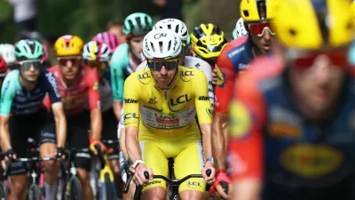 Cycling - Tour de France - Stage 13 - Dole to Belfort - Dole, France - July 17, 2026 UAE Team Emirates XRG's Tadej Pogacar, wearing the yellow jersey, and other cyclists in action during stage 13 REUTERS/Gonzalo Fuentes