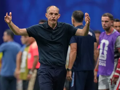 England head coach Thomas Tuchel reacts during the World Cup semifinal soccer match between England and Argentina in Atlanta, Wednesday, July 15, 2026. (AP Photo/Stephanie Scarbrough)