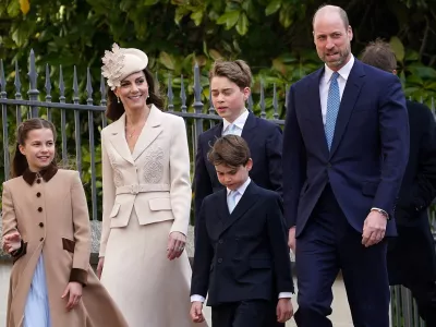 FILE PHOTO: Britain's Princess Charlotte, Kate, the Princess of Wales, Prince George, Prince Louis, and William, the Prince of Wales, arrive to attend the Easter Matins Service at St. George's Chapel in Windsor, Britain, April 5, 2026. Alberto Pezzali/Pool via REUTERS/File Photo
