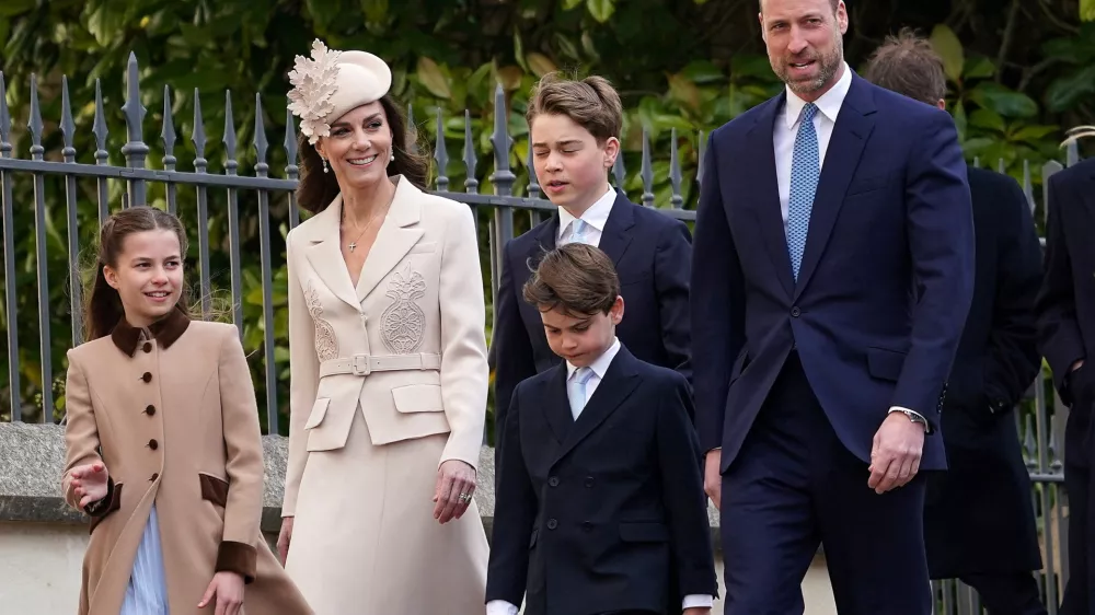 FILE PHOTO: Britain's Princess Charlotte, Kate, the Princess of Wales, Prince George, Prince Louis, and William, the Prince of Wales, arrive to attend the Easter Matins Service at St. George's Chapel in Windsor, Britain, April 5, 2026. Alberto Pezzali/Pool via REUTERS/File Photo