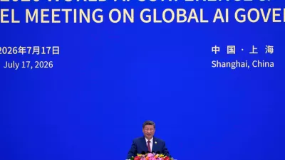 Chinese President Xi Jinping speaks at the opening ceremony for the World AI Conference in Shanghai, Friday, July 17, 2026. (AP Photo/Ng Han Guan, Pool)