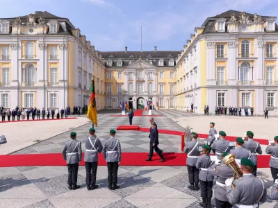 German Chancellor Friedrich Merz welcomes French President Emmanuel Macron with military honours at Schloss Augustusburg in Bruehl, Germany, July 17, 2026. REUTERS/Thilo Schmuelgen