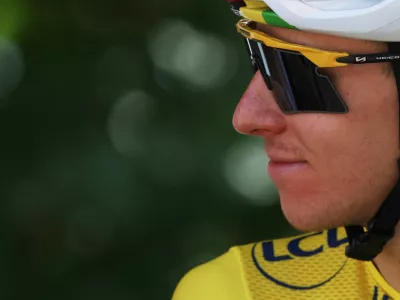Cycling - Tour de France - Stage 13 - Dole to Belfort - Dole, France - July 17, 2026 UAE Team Emirates XRG's Tadej Pogacar, wearing the yellow jersey, before the start of stage 13 REUTERS/Gonzalo Fuentes