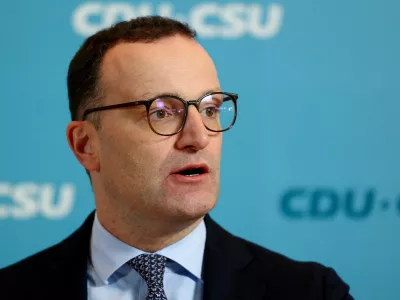 FILE PHOTO: Christian Democratic Union's Jens Spahn, the CDU/CSU parliamentary group leader, speaks to the media before a CDU/CSU fraction meeting in Berlin, Germany, December 2, 2025.  REUTERS/Christian Mang/File Photo