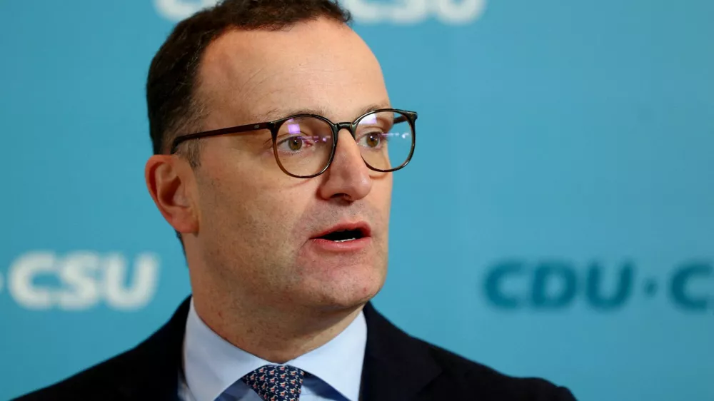 FILE PHOTO: Christian Democratic Union's Jens Spahn, the CDU/CSU parliamentary group leader, speaks to the media before a CDU/CSU fraction meeting in Berlin, Germany, December 2, 2025.  REUTERS/Christian Mang/File Photo
