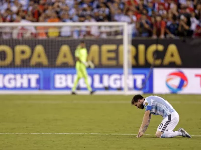 Jun 26, 2016; East Rutherford, NJ, USA; Argentina midfielder Lionel Messi (10) reacts during a shoot out against Chile in the championship match of the 2016 Copa America Centenario soccer tournament at MetLife Stadium. Mandatory Credit: Adam Hunger-USA TODAY Sports