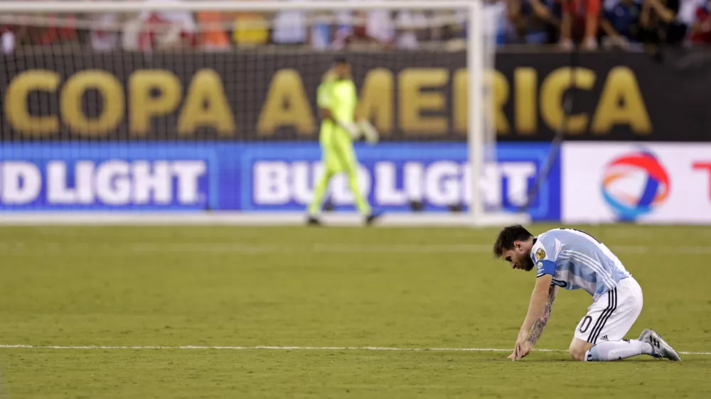 Jun 26, 2016; East Rutherford, NJ, USA; Argentina midfielder Lionel Messi (10) reacts during a shoot out against Chile in the championship match of the 2016 Copa America Centenario soccer tournament at MetLife Stadium. Mandatory Credit: Adam Hunger-USA TODAY Sports