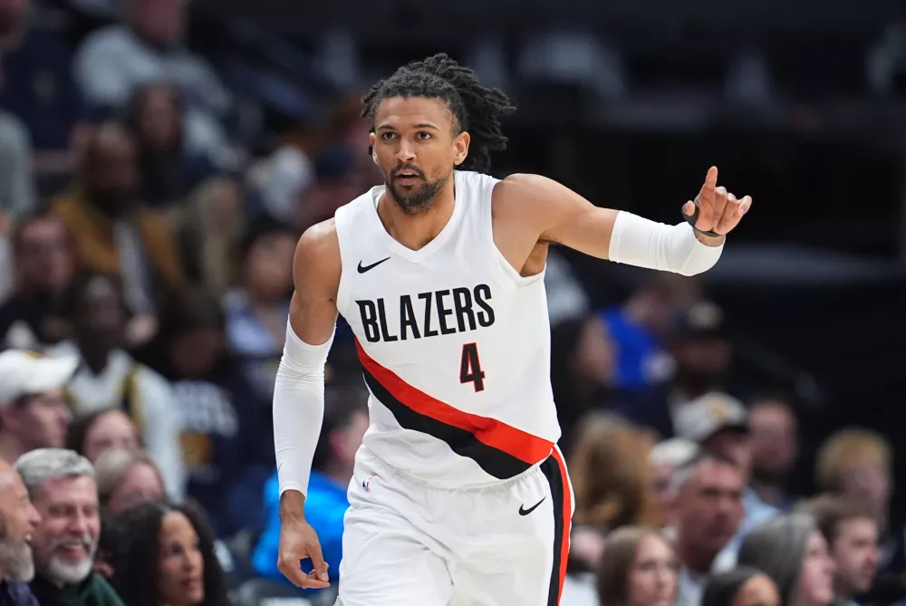 FILE - Portland Trail Blazers guard Matisse Thybulle gestures in the second half of an NBA basketball game against the Denver Nuggets, April 6, 2026, in Denver. (AP Photo/David Zalubowski, File)