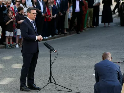 Britain's newly appointed Prime Minister Andy Burnham delivers a speech outside 10 Downing Street after taking office, in London, Britain, July 20, 2026. REUTERS/Temilade Adelaja