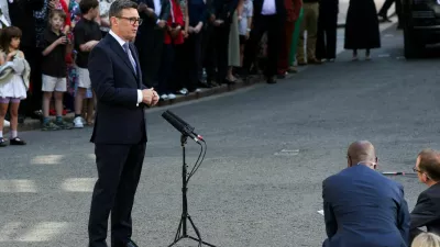 Britain's newly appointed Prime Minister Andy Burnham delivers a speech outside 10 Downing Street after taking office, in London, Britain, July 20, 2026. REUTERS/Temilade Adelaja
