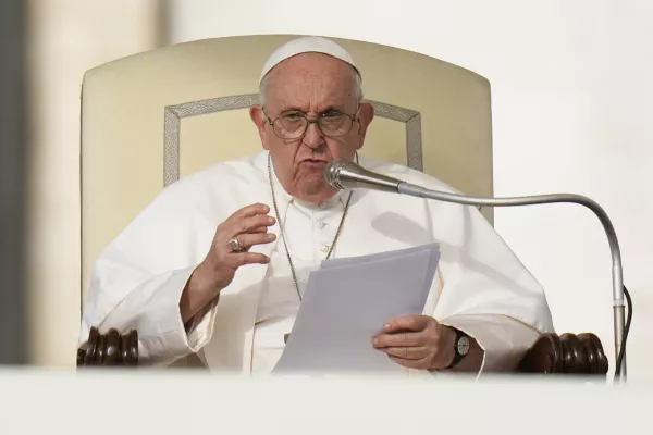 FILE - Pope Francis speaks during his weekly general audience in St. Peter's Square at The Vatican, on Oct. 18, 2023. A famous priest-artist who was thrown out of the Jesuits after being accused of sexual, spiritual and psychological abuse of women has been accepted into a diocese in his native Slovenia. The Jesuits said Thursday, Oct. 26, 2023 they had provided the diocese of Koper, Slovenia an "extensive letter" outlining the allegations against the Rev. Marko Ivan Rupnik and notice that he had been convicted and excommunicated for committing one of the most serious crimes in the Catholic Church. (AP Photo/Alessandra Tarantino, File)