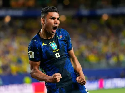 FILE - Brazil's Casemiro (5) celebrates his side's second goal by Matheus Cunha (9) during the World Cup Group C soccer match between Brazil and Haiti in Philadelphia, Friday, June 19, 2026. (AP Photo/Petr David Josek, File