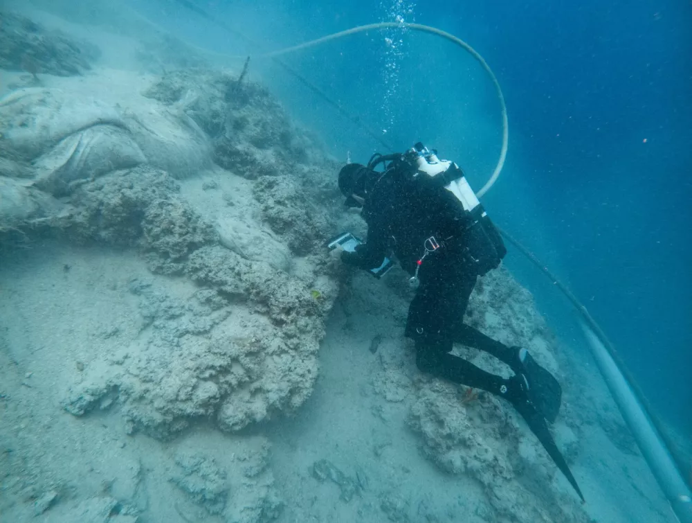 An underwater archaeologist works at a Byzantine shipwreck near Polace on the island of Mljet, Croatia, July 20, 2026. REUTERS/Antonio Bronic