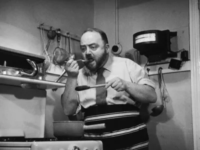 TV chef Philip Harben shows viewers how to prepare a French onion soup, in his kitchen in St John's Wood, London, 24th October 1953. Original Publication: Picture Post - 6775 - Picture Post Television Preview - Onion Soup A La Harben - pub. 1953 (Photo by Bert Hardy/Picture Post/Hulton Archive/Getty Images)