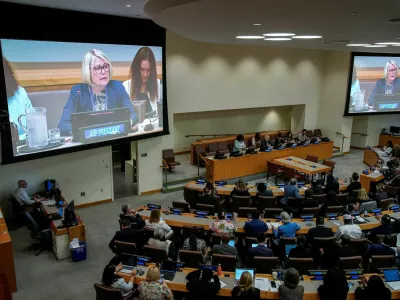 The President of the Assembly of States Parties (ASP) to the International Criminal Court (ICC), Paivi Kaukoranta addresses delegates before a vote on whether to fire chief prosecutor Karim Khan for alleged sexual misconduct at United Nations headquarters in New York City, U.S., July 24, 2026. REUTERS/Eduardo Munoz