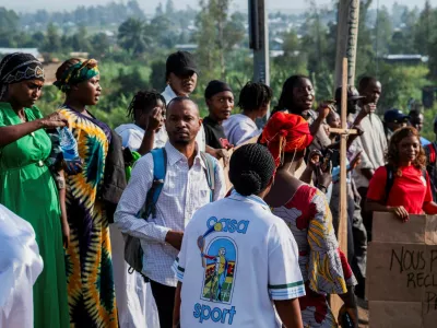 Healthcare workers demonstrate outside the Elikya Ebola Treatment Center to demand payment of two months of back benefits during a mobilization after a visit by Democratic Republic of Congo Prime Minister Judith Suminwa Tuluka, as authorities intensify efforts to contain the Ebola outbreak involving the Bundibugyo strain, in Bunia, Democratic Republic of Congo, July 25, 2026. REUTERS/Gradel Muyisa Mumbere