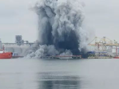 In this photo taken from video provided by OBSERVATOR ANTENA 1, an explosion of sea drone is seen in Constanta port, Romania, Friday, June 5, 2026. (OBSERVATOR ANTENA 1 via AP)
