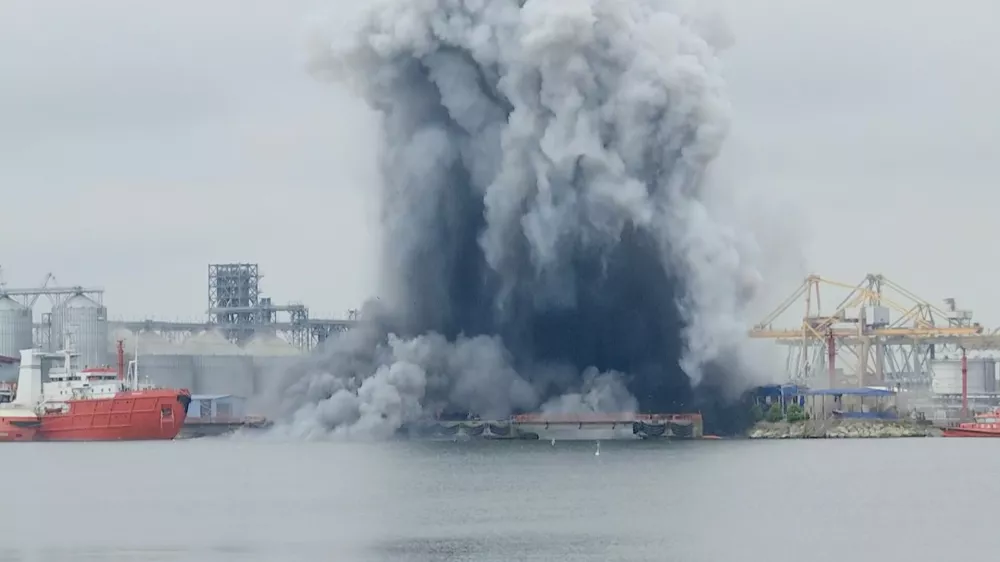 In this photo taken from video provided by OBSERVATOR ANTENA 1, an explosion of sea drone is seen in Constanta port, Romania, Friday, June 5, 2026. (OBSERVATOR ANTENA 1 via AP)