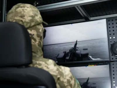 Officer of the Security Service of Ukraine operates the next-generation multipurpose Sea Baby unmanned surface vehicle, on October 17, 2025. (,Image: 1047592576, License: Rights-managed, Restrictions:, Model Release: no