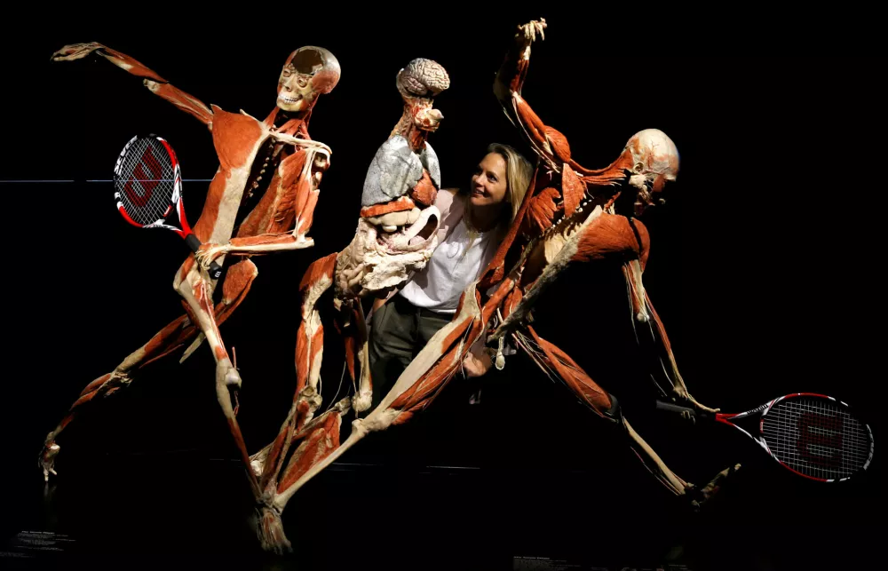 A museum employee looks at Gunther von Hagens "The Tennis Player" at the Body Worlds museum exhibition at the London Pavillion in London, Britain, October 4, 2018. REUTERS/Peter Nicholls   TPX IMAGES OF THE DAY