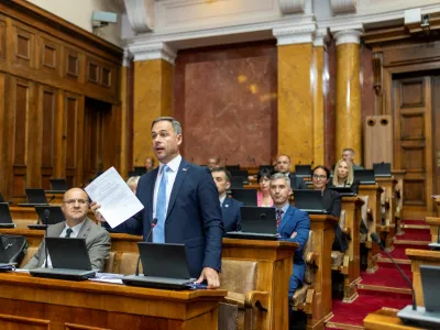 Serbian lawmakers attend a parliamentary session ahead of a no-confidence vote against the government triggered by the opposition, in Belgrade, Serbia, July 27, 2026. REUTERS/Djordje Kojadinovic