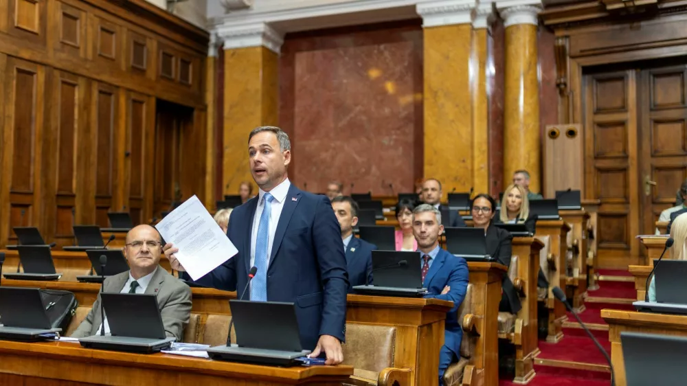 Serbian lawmakers attend a parliamentary session ahead of a no-confidence vote against the government triggered by the opposition, in Belgrade, Serbia, July 27, 2026. REUTERS/Djordje Kojadinovic