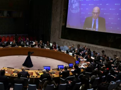 FILE PHOTO: United Nations High Commissioner for Human Rights Volker Turk appears in a video link to brief the first meeting of the U.N. Security Council of 2025 on the situation in the Middle East including the Palestinian question at U.N. headquarters in New York City, U.S., January 3, 2025. REUTERS/Mike Segar/File Photo