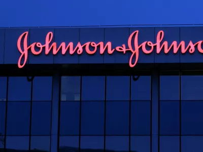 FILE PHOTO: The logo of Johnson & Johnson is seen on the top of a Brussels' office of the company in Diegem, Belgium September 21, 2023. REUTERS/Yves Herman/File Photo
