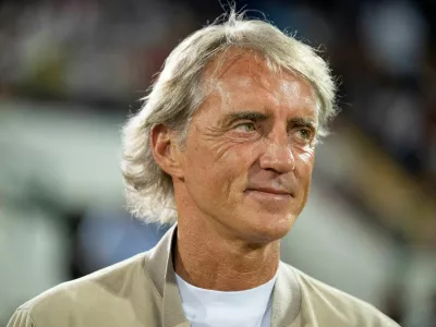 Football manager Roberto Mancini smiles during a 'Partita del cuore' charity match in L'aquila, Italy, July 13, 2026. Mancini was named national team coach for a second spell, Italian Football Federation (FIGC) President Giovanni Malago said on July 28, 2026. REUTERS/Augusto Casasoli